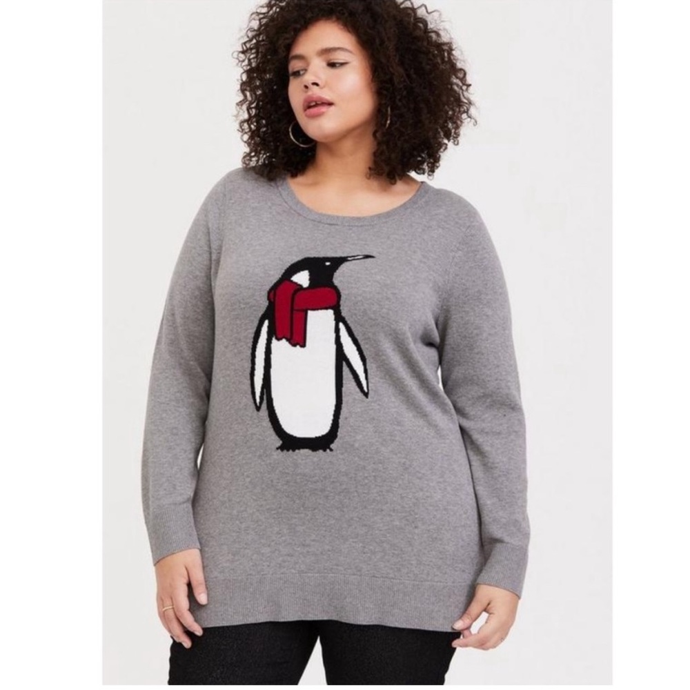 Torrid Penguin Relaxed Fit Cotton Sweater Gray Novelty Winter Size 1x
